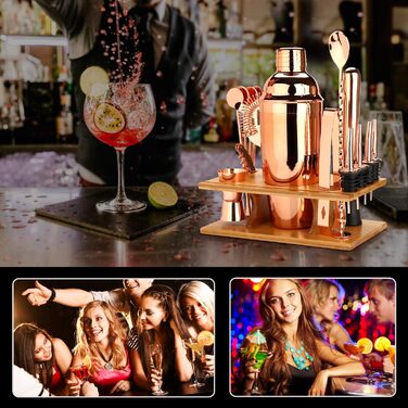 Sovyime Cocktail Set Cocktail Shaker 750ml Bartender Set, 16-Piece Stainless Steel Bar Cocktail Accessories with Wooden Stand, Perfect Home Kitchen Gift for Men Women