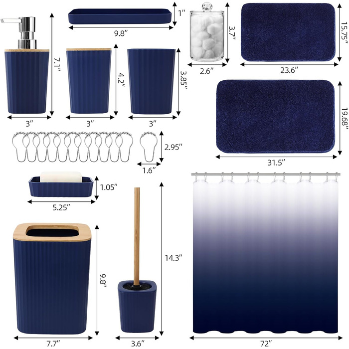 Набір аксесуарів для ванної кімнати з чорним мармуровим візерунком: сміттєвий кошик, тумбочка, дозатор мила, мильниця, тримач для зубних щіток, стакан для зубних щіток, WC-щітка та контейнер для ватних паличок