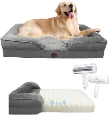 Ортопедичне ліжко для собак ZURMATRADE з Memory Foam – миється, неслизьке, зручне – для великих та маленьких собак – сірого кольору, видалення шерсті L (89x63,5x16,5 см)