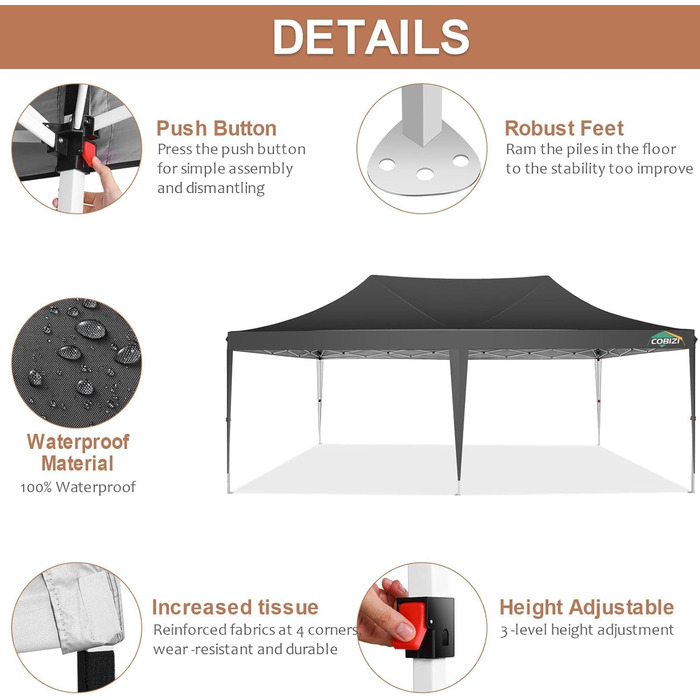 COBIZI Pavilion 3x3 Waterproof, Stable, Winter-Proof Party Tent, Folding Pavilion 3.0, 100% Waterproof and UV 50+ Portable High-End Portability Garden Pavilion (Black, 3x6 with 6 Side Walls)