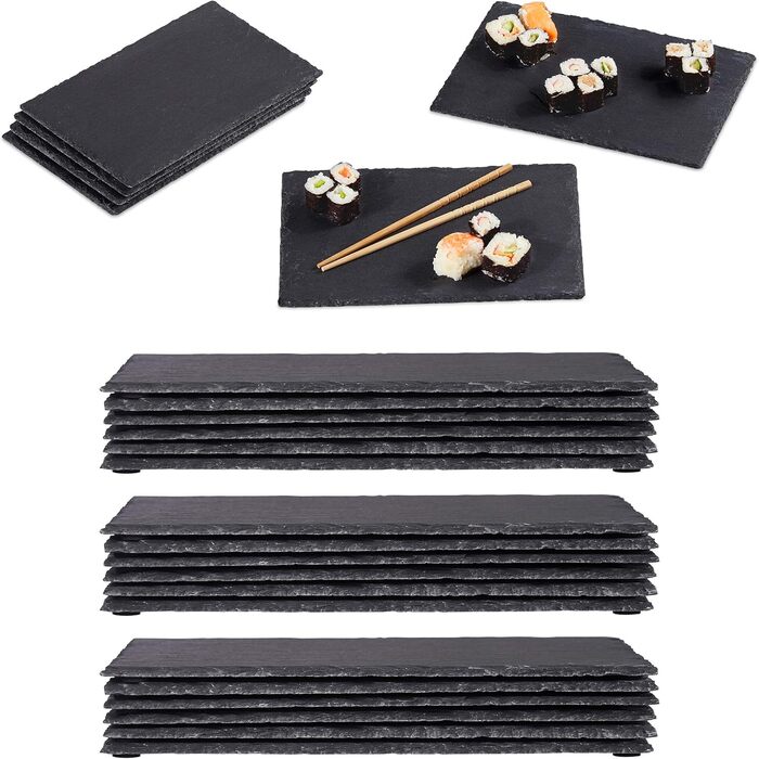 Relaxdays 24 x Slate Plates, 26 x 16 cm, for Serving & Labeling, Buffet, Serving Slate Rectangular, Anthracite
