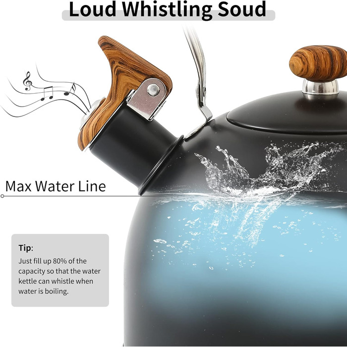 Чайник для плити LONFFERY 2.5л з свистком, з нержавіючої сталі, з дерев'ястим декором, складна ручка, кремово-білий/білий (чорний)