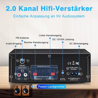AK45 Pro HiFi підсилювач WOOPKER Mini, 500Вт, 2-канальний, Bluetooth, HiFi стерео з FM-радіо, USB, SD, RCA, MIC, аудіо ресивер для дому та авто