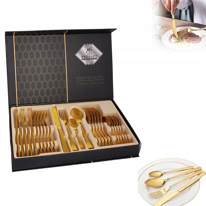 Набір золотих столових приборів на 6 осіб, нержавіюча сталь, 24 предмети — ідеальний подарунок