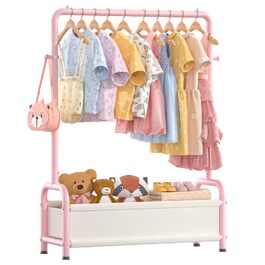 Дитяча вішалка для одягу Kinder Garderobe, 80x30x125 см, рожева. З гачками та кошиком для зберігання, U-подібна основа.