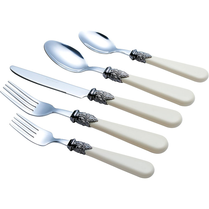 EXZACT Ivory Creme Flatware Set, 20 Pieces, Stainless Steel with Detailed Handles, Traditional, Elegant, Vintage Style/Antique