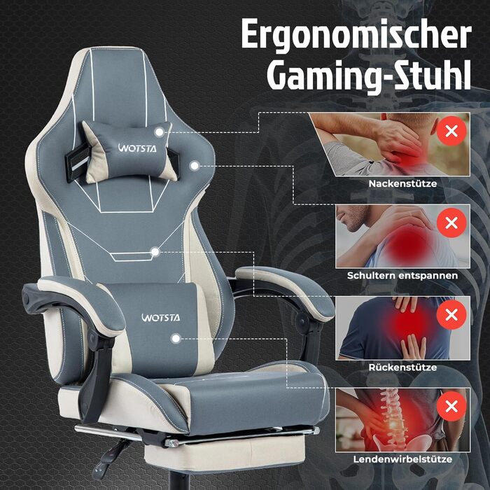 Геймерське крісло Ergon Gaming з підставкою для ніг, регульоване, офісне, з підтримкою попереку (синьо-бежеве)