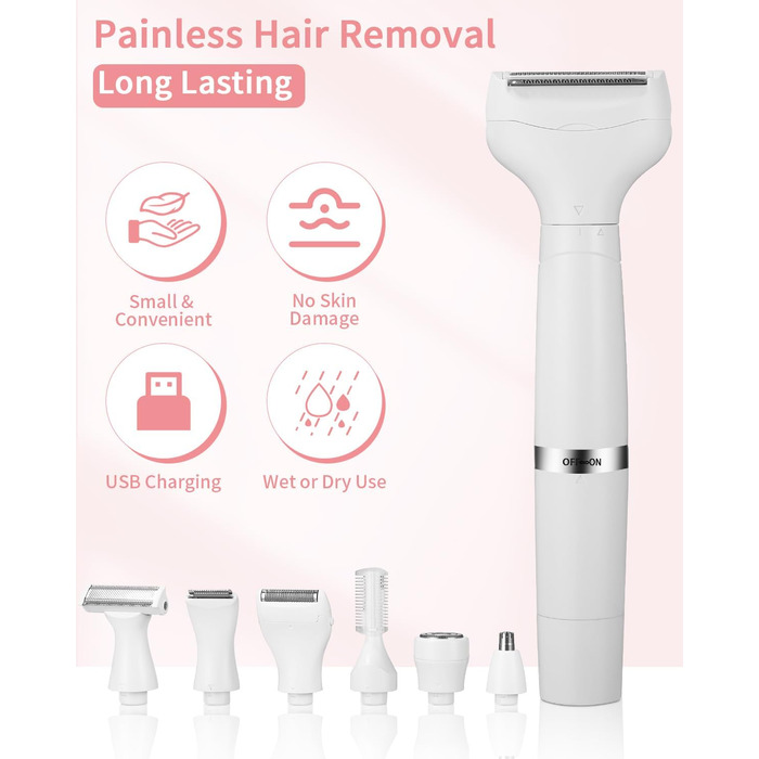 Набір для епіляції та стрижки 7-в-1 для жінок: тример для обличчя, бікіні, під пахвами, носа. USB, водонепроникний, портативний.