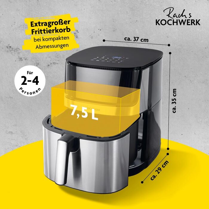 Фритюрниця RACHS KOCHWERK Vario-Doppelkammer 9 л з роздільною камерою, сенсорним екраном та 8 програмами | Airfryer для смаження без олії, з функцією Smart-Cook (нержавіюча сталь / чорний)