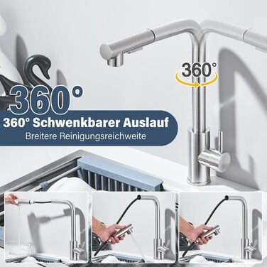 Кран кухонний Rozin чорний матовий з висувною лійкою 360° для мийки, з двома режимами, з донним клапаном