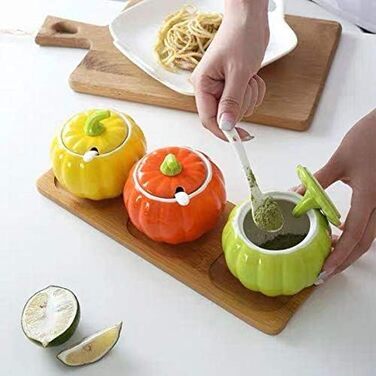 YBK Tech Cute Pumpkin Candy Jar Ceramic Sugar Bowl for Coffee Tasting (3 Pieces + Wooden Holder)
