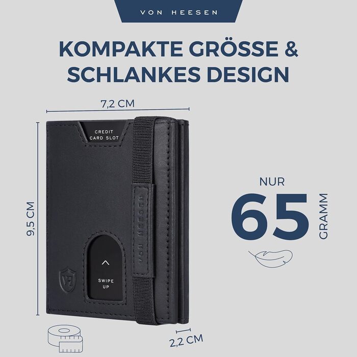 Картхолдер Von Heesen з монетницею RFID захист, шкіряний гаманець для жінок та чоловіків, чорний (Waxy)