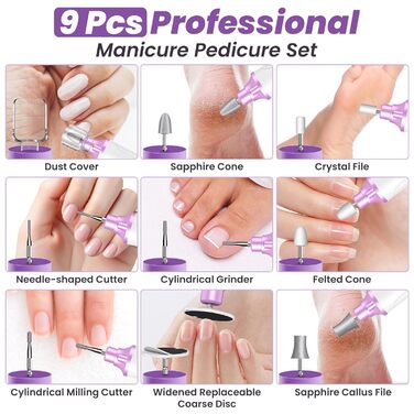 Електричний набір для манікюру та педикюру з 9 насадками та 15 швидкостями, LED-підсвічуванням, W-Lila