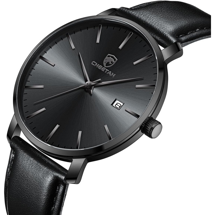 Чоловічий годинник CHEETAH Minimalistische, аналоговий кварц, водостійкий 3 ATM, з шкіряним ремінцем, з датою, спортивний годинник для молоді (Чорний/Чорний)