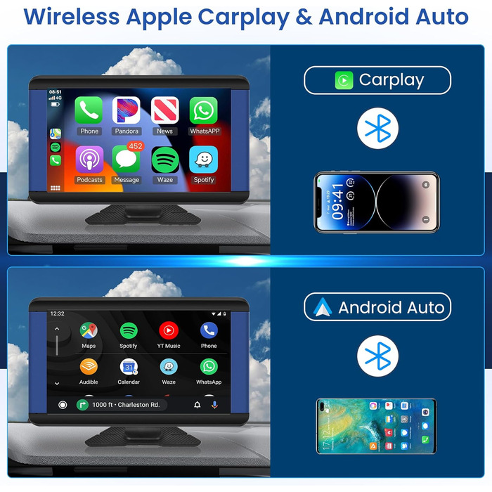 Портативне автомобільне радіо Rimoody 7'' з IPS-дисплеєм, Bluetooth, CarPlay, Android Auto, FM-трансмітером, GPS, голосовим управлінням, USB/AUX/TF для авто 7-32В