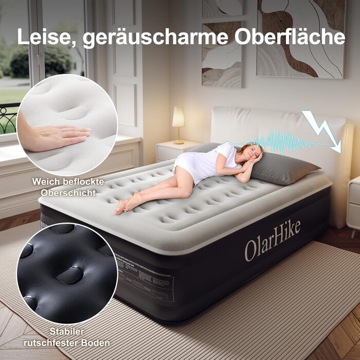 Надувний матрац OlarHike для кемпінгу та дому - 200 x 140 x 46 см, самонадувний, на 2 особи