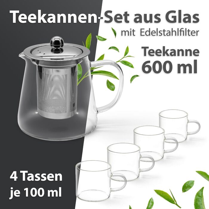 Скляний чайник T24 з ситечком, 1250 мл, з нержавіючої сталі, термостійкий, з захистом від перегріву, для заварювання листового чаю