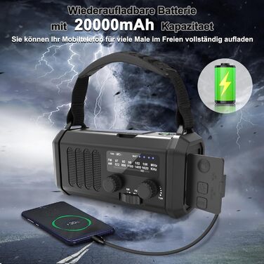 Радіо Solar Radio на сонячних батареях з ручним заводом AM/FM, Powerbank 20000mAh, ліхтарик LED, SOS-сигнал, USB-C зарядка для телефону, чорне – для кемпінгу та активного відпочинку