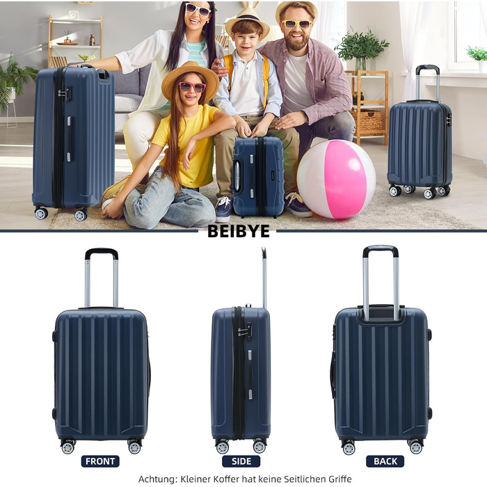 BEIBYE TSA Lock 2080 Twin Roller 3-Piece Travel Suitcase Set, Luggage Set, Trolley, Trolleys, Hard Shell (Dark Blue)