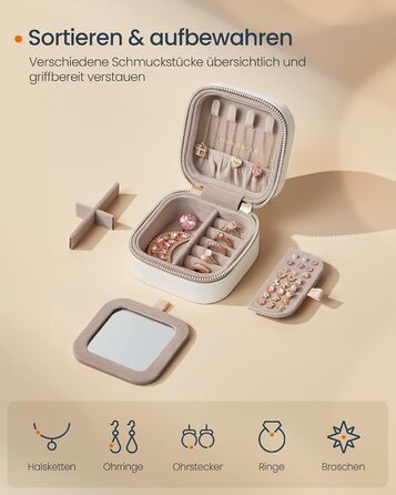 SONGMICS HOME ANAH - Скринниця для прикрас у дорогу, маленька скринька для ювелірних виробів зі дзеркалом, 10,5 x 10,5 x 6 см, PU з прошиванням, замок-блискавка, ідеальна ідея для подарунка, хмарно-білий колір