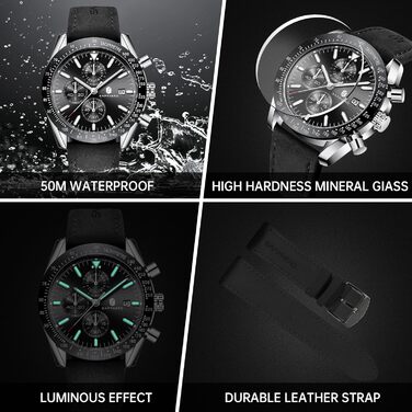 Годинник чоловічий BENYAR Chronograph з кварцовим механізмом, аналоговий, з шкіряним ремінцем. Стильний дизайн для бізнесу, спорту та повсякденного носіння. Водостійкість 30M. Елегантний подарунок для чоловіків (чорний ремінець, сріблясте корпус, чорне ци