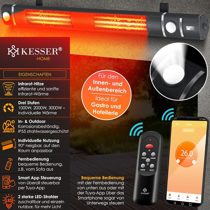 Інфрачервовий обігрівач KESSER® 3000W з LED-підсвічуванням та Wi-Fi, для тераси, кафе, ресторану. Настінний кварцовий обігрівач, антрацит