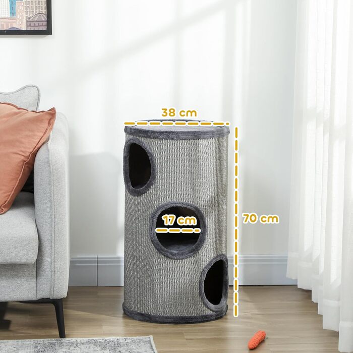 Кігтеточка PawHut 70 см, 3-ярусна, сіра, з плюшевим облямівкою, для котів