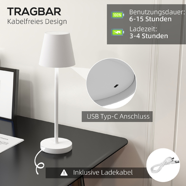 Настільна лампа HOMCOM з USB-зарядкою, 3 кольори світла, портативна нічна лампа з сенсорним вимикачем для вітальні, металева, біла