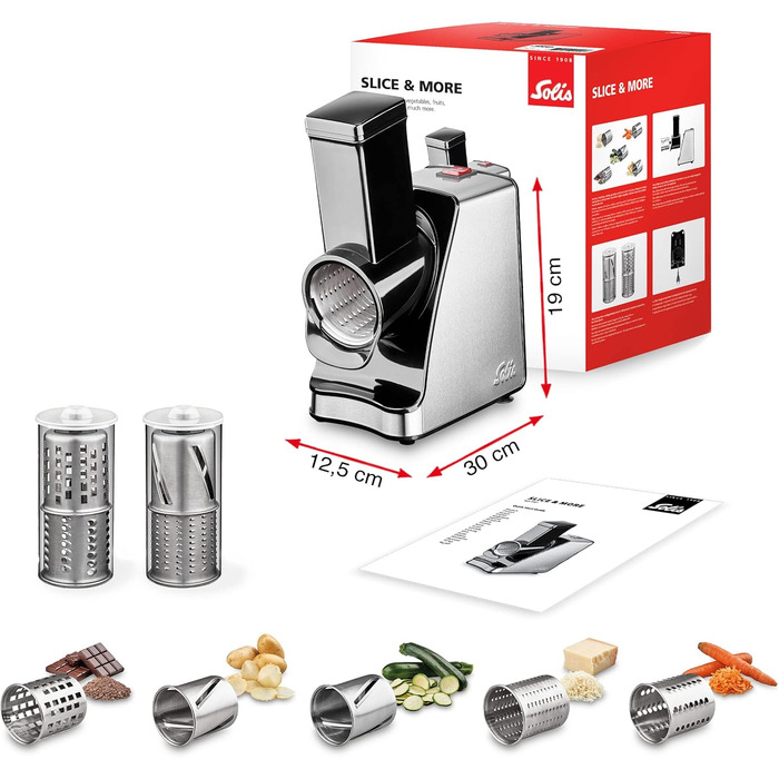 Solis Electric Vegetable Slicer Slice & More 8401 - All-in-One Slicer - Spiralizer - Multi-Grater + Food Processor + Vegetable Grater with 5 Cutting Drums - Stainless Steel/Plastic - 350 Watts