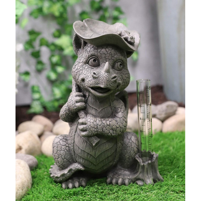 Ebros Whimsical Raindrop Keep Falling On My Head Baby Dragon with Lilypad Umbrella Rain Gauge Statue Fairy Garden Art Stone Resin Figurine