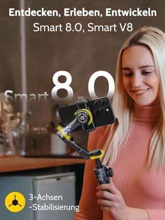 Стабілізатор для телефону Smart V8 Black з 3-осьовою стабілізацією та 7.8-дюймовою штангою, AI-трекінг, OLED-дисплей, кнопка зйомки