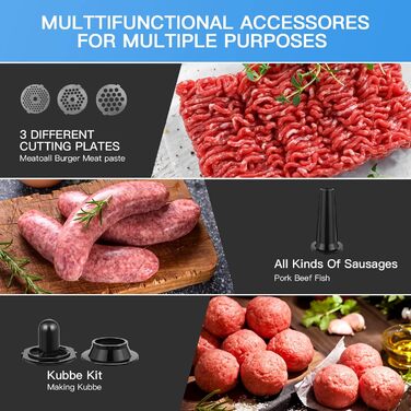 Electric Meat Grinder 2000W Multi-Purpose Kitchen Machine with Sausage Maker, 3 Cutting Discs, 4 Mincer Blades, Sausage Stuffer & Pastry Attachment - Silver & Black