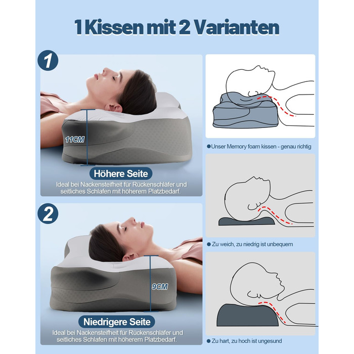 Ортопедична подушка для сну для тих, хто спить на боці, з зоною полегшення вух, з піною з пам'яті, для зняття болю в шиї, подушка для підтримки шиї, для спини/живота, темно-сіра