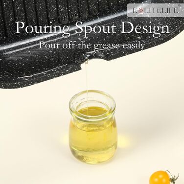 ESLITE LIFE антипригарна гриль-сковорода з кришкою та щипцями, квадратна велика сковорода для стейків, для плити, для приготування в приміщенні та на вулиці, PFOA-free, чорна, 24 см