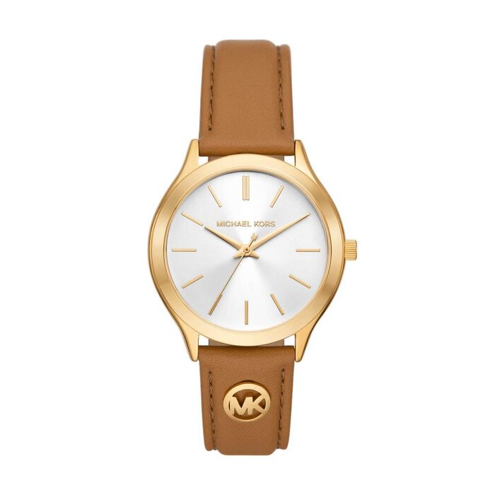 Жіночий годинник Michael Kors Slim Runway 38мм з кварцовим механізмом та шкіряним ремінцем (Коричневий та Золотий)