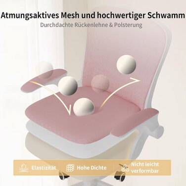 Офісний стіл Naspiro Ergonomischer Bürostuhl з регульованими підлокітниками 90°, підтримкою попереку, дихаючою сіткою та рожевим кольором (без підголівника)