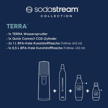 SodaStream TERRA: Газова вода вдома - Комплект з CO2, 2x1L та 1x0.5L пляшки, чорний
