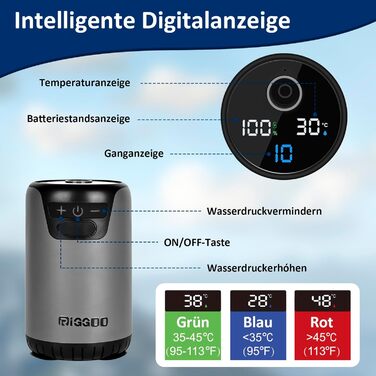 Портативна душова кабіна Riggoo для кемпінгу з акумулятором 8000mAh, насосом та індикатором температури. Ідеальна для відпочинку на природі, саду, пляжу, миття авто та подорожей.