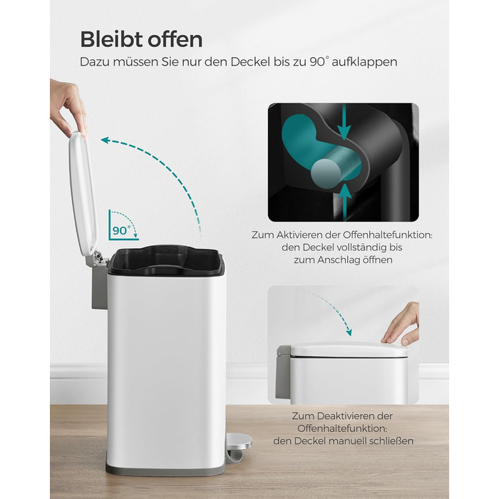 Відро для сміття SONGMICS 20 л з педаллю, м'яким закриттям, з внутрішнім відром, 15 мішків, металеве срібло