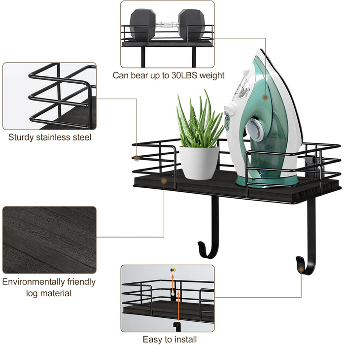 Настінна підставка для прасувальної дошки THYGIFTREE, сіра, з полицею для зберігання