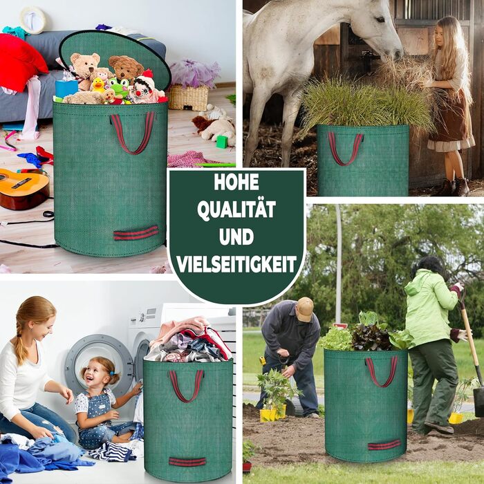 BuzzoXerex 3x Garden Waste Sack with Lid, 272L Stand-Alone Garden Sack with 4 Tear-Resistant Handles, Waterproof, Foldable, Reusable Leaves Sack Large for Garden Waste and Green Waste