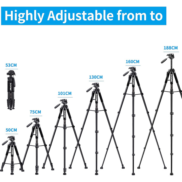 Штатив ZOMEi 188 см, професійний, для DSLR, камер, телефонів, проекторів, далекобійних приладів (чорний)