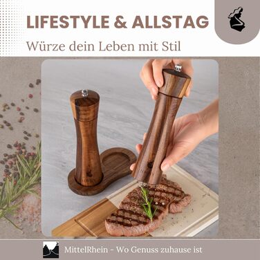 Дерев'яна мельниця для солі та перцю LORELEY® Mittelrhein Germany з керамічним жорном – з підставкою та пензлем – подарункова упаковка. Ідеальний подарунок на весілля або новосілля (Luxury Holz)