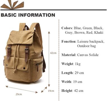 Canvas Backpack Vintage for Laptop Daypack Hiking Travel Large Capacity Bag Unisex (Khaki)