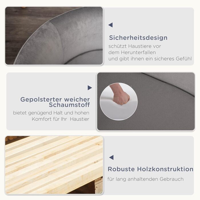 PawHut Софа для домашніх тварин: ліжко для собак та котів з голландського оксамиту, піна, ніжки з берези, 86 x 55 x 33 см, світло-сіра