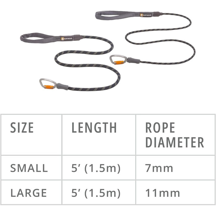 RUFFWEAR Knot-a-Leash, reflective rope dog leash with carabiner clip, length: 1.5 m, strength: 7 mm, Obsidian Black