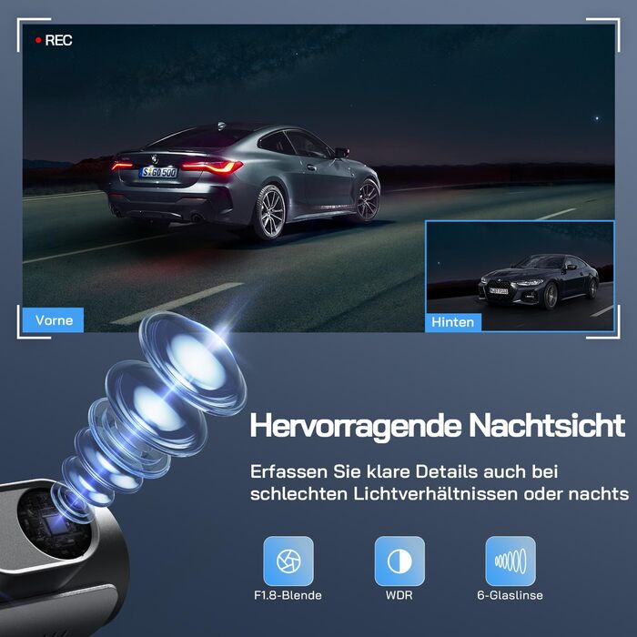 WOLFANG Dashcam Auto Передній та Задній 4K WiFi відеореєстратор з 32GB SD карткою, Ultra нічне бачення, 170° широкий кут огляду, WDR, 24 год. режим паркування, G-сенсор, циклічна запис