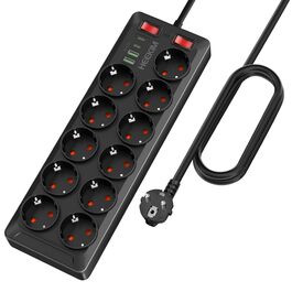 Многорозеткова панель з USB, 11 розеток, з вимикачем, 2 USB-A та 2 USB-C порти, 4000W, 16A, 2 вимикачі, 2м кабель (чорний)