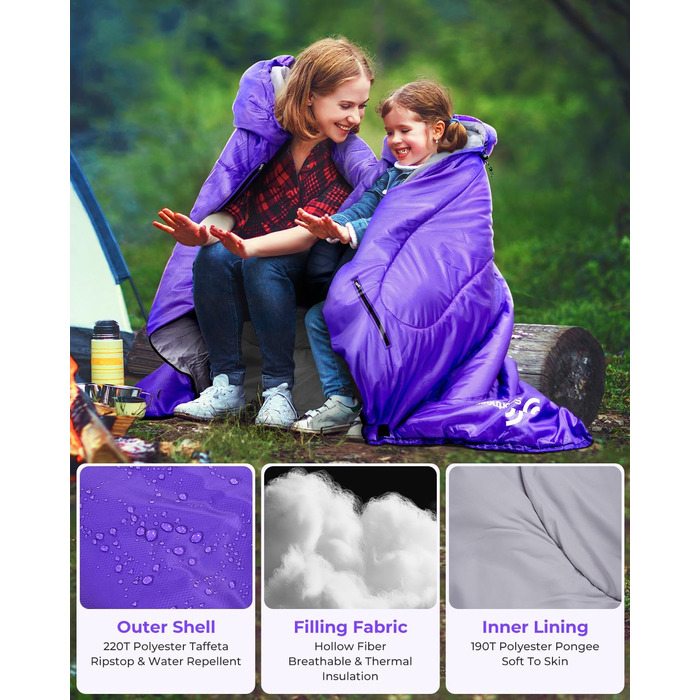 3-4 Season Sleeping Bag - Waterproof, Lightweight Sleeping Bag for Camping, Travel & Outdoor Activities - 220x84cm, 1.9KG (Violet)