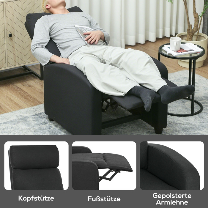 HOMCOM Recliner Chair, Adjustable 135°, Extendable Footrest, Padded Backrest, Linen-Polyester Fabric, Black